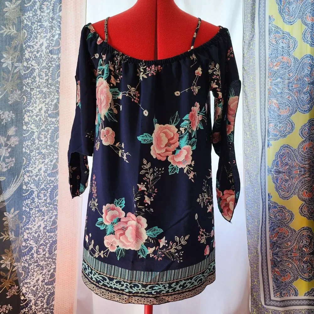 LILYPAD Blue Floral Off the Shoulder Long Tunic Blouse Split Sleeve Size L - Picture 5 of 7